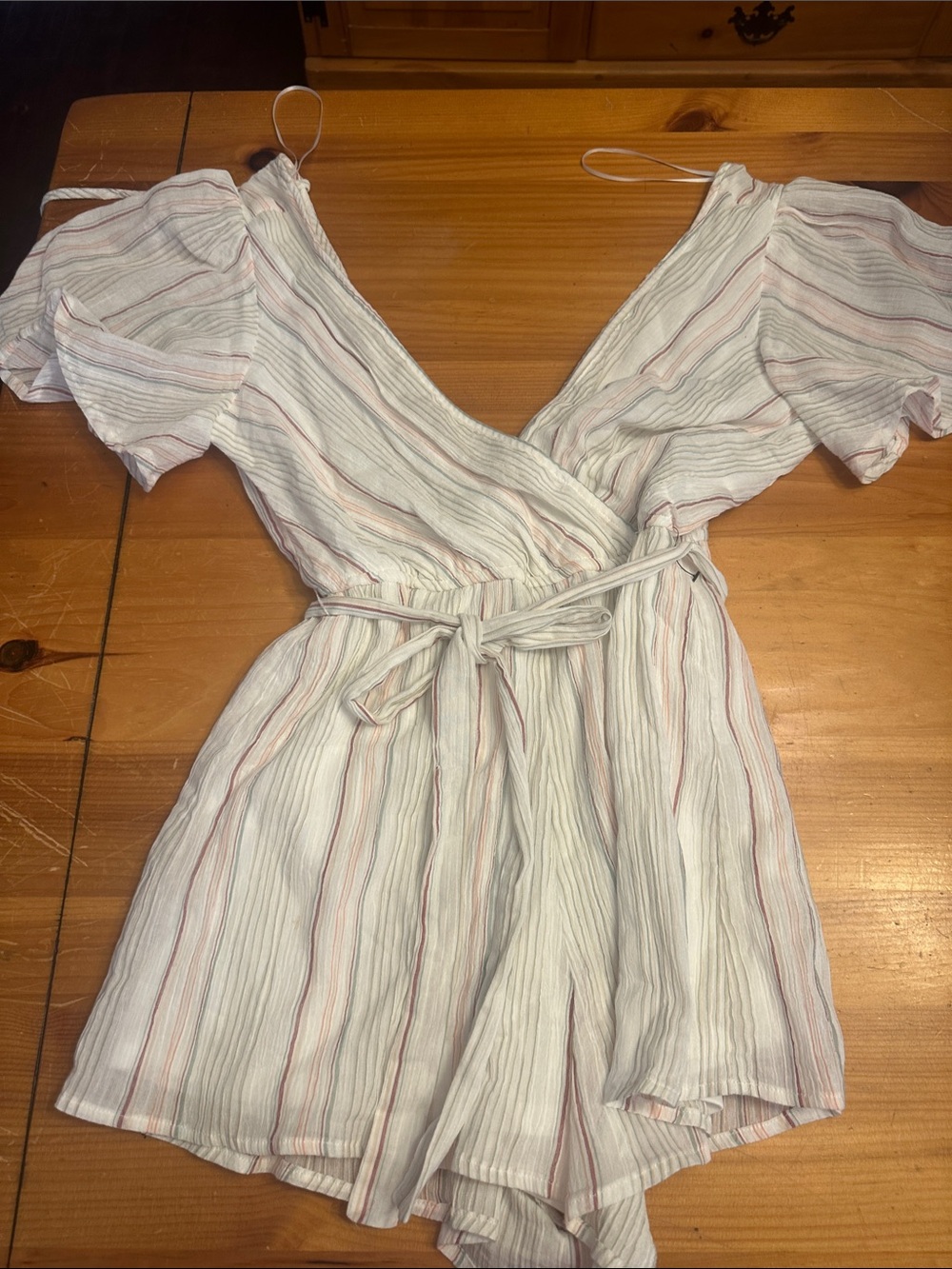 miami White Mini Wrap Romper with Pink and Tan Stripes